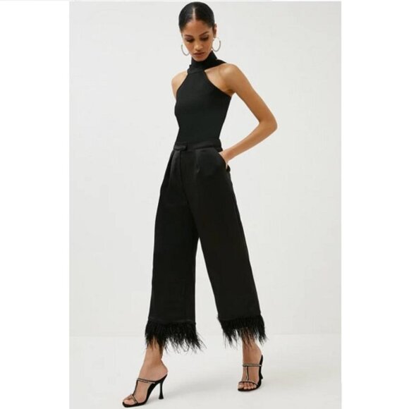 KAREN MILLEN Satin Crepe Feather Trim Trousers in Black...